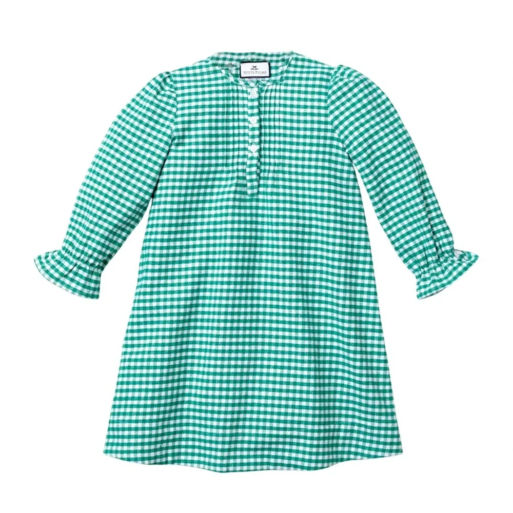PETITE PLUME Beatrice Nightgown Gown GREEN GINGHAM FLANNEL Henley Pintucks 14